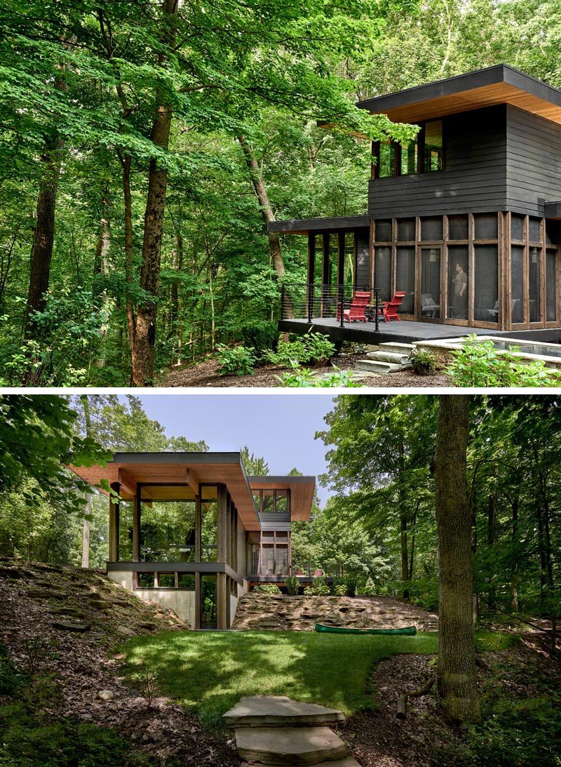 This modern home has a pair of glulam beams running the length of the house can be seen. The beams reinforce a sense of movement and order as the interior floor levels terrace down, following the site’s terrain. #Architecture #HouseDesign #ModernHouse