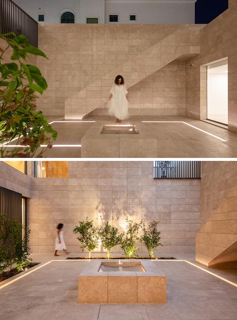 This internal courtyard has been designed with lighting embedded into the stone tiles, creating a soft glow that can be enjoyed at night. #OutdoorLighting #CourtyardLighting #EmbeddedLighting