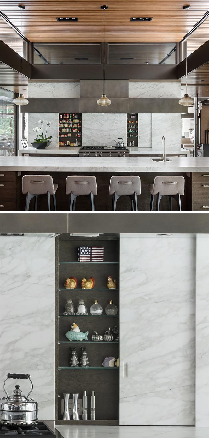 Kitchen Design Idea - Spice racks and shelves are often overlooked, however in this kitchen there are two sliding panels neatly disguised on either side of the stove, adding storage and keeping the spices within reach. #SpiceRack #SpiceShelf #HiddenSpiceRack #HiddenStorage #KitchenDesign