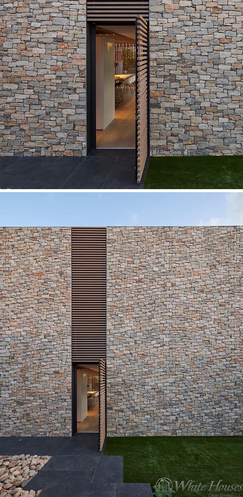 This modern house has a wood slat detail that not only provides visual interest on the facade, but it also hides a door that opens to the interior of the house. #WoodSlat #Facade #ModernHouse #StoneHouse #WoodAccent #Architecture #Doors