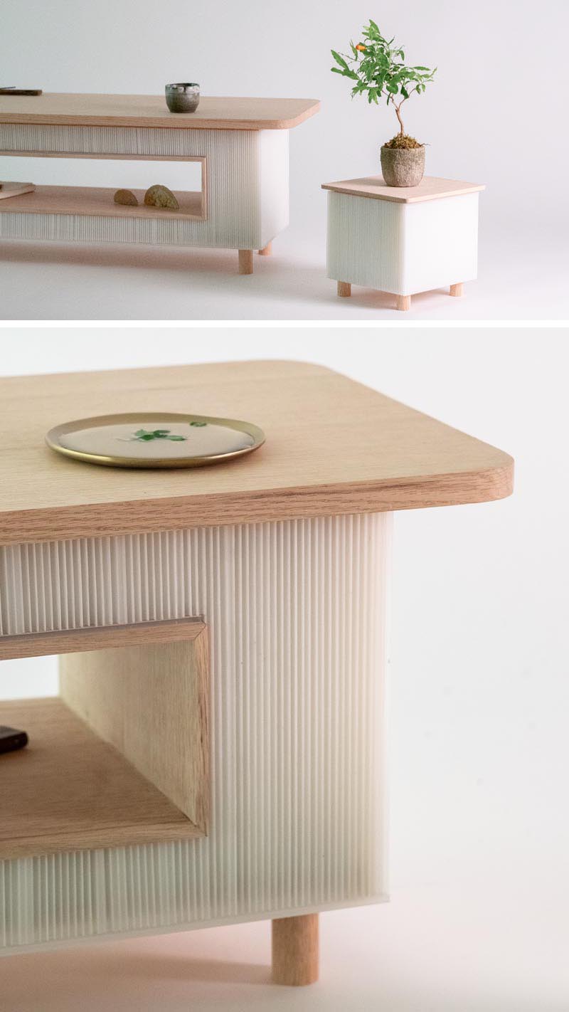 Design studio WOOYOO, has recently launched the Fuwafuwa Series, that's made with translucent corrugated plastic and light-toned oak wood. #ModernFurniture #ModernTables #FurnitureDesign