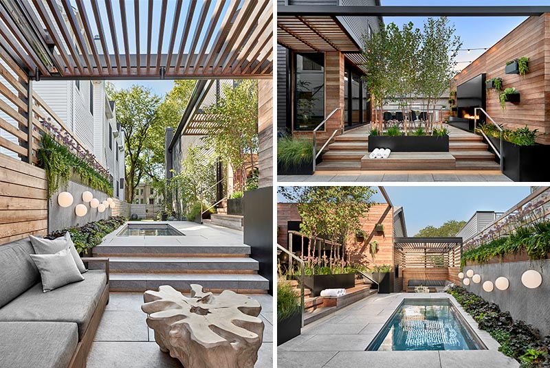 This modern outdoor entertaining space has a wall-to-wall kitchen with a bbq, a 7ft-linear fireplace, a dining area, a custom designed spa, black steel planter boxes, an outdoor lounge, hidden lighting, and pergolas. #OutdoorSpace #OutdoorEntertaining #Landscaping #Spa #OutdoorLounge #OutdoorKitchen