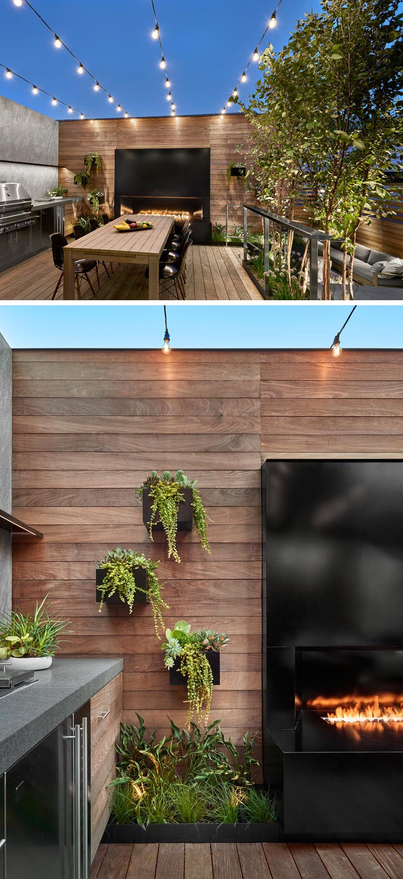 This modern outdoor dining area has a 7-ft linear fireplace with black steel surround, an artful array of cascading planter boxes filled with succulents, and overhead string lights. #OutdoorDining #BlackSteelFireplace #StringLights