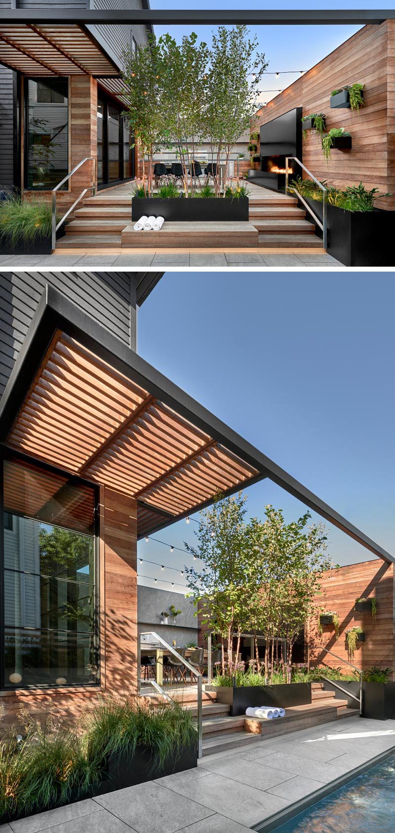 This modern outdoor entertaining space has black steel planters, and louvered sun shades and a pergola that were designed to filter sunlight, add interest, and maintain privacy. Lighting has been integrated under stairs, handrails, and above the outdoor kitchen for safety and aesthetics. #ModernOutdoorSpace #Landscaping #BlackSteelPlanters #OutdoorStairs #Pergola #Sunshade