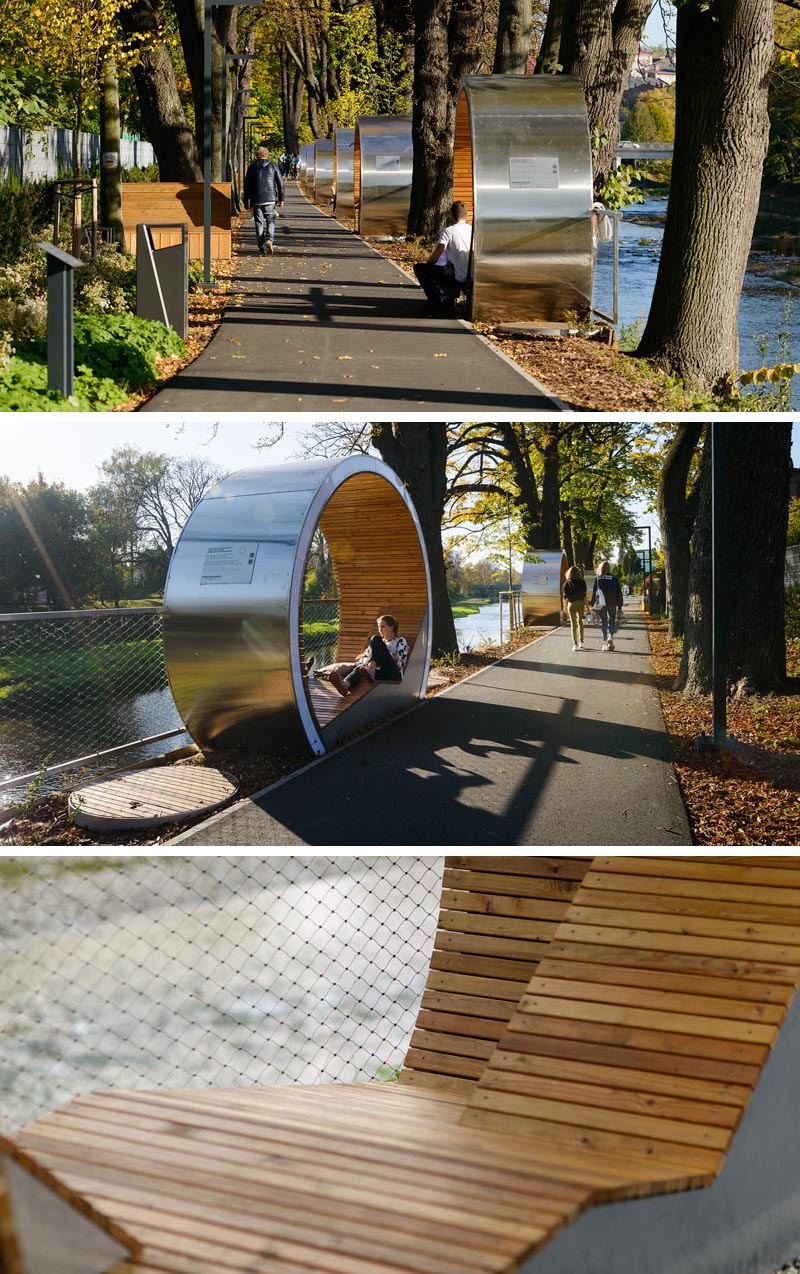 The Time Circles line the river in Cieszyn, Poland, and provide a place to relax and enjoy the view. They also act as an outdoor museum, with attached plaques allowing people to learn about the history of the area. #PublicSeating #OutdoorSeating #Design #PublicFurniture