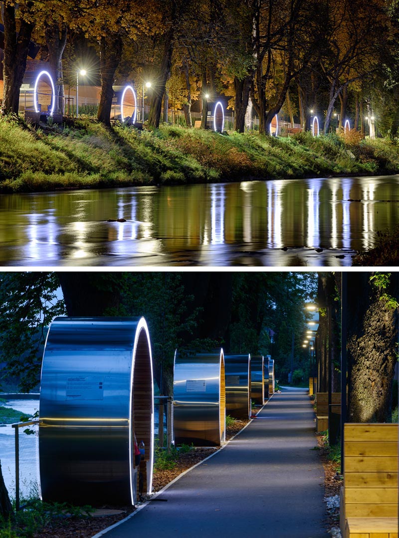 The Time Circles line the river in Cieszyn, Poland, and provide a place to relax and enjoy the view. They also act as an outdoor museum, with attached plaques allowing people to learn about the history of the area. #PublicSeating #OutdoorSeating #Design #PublicFurniture