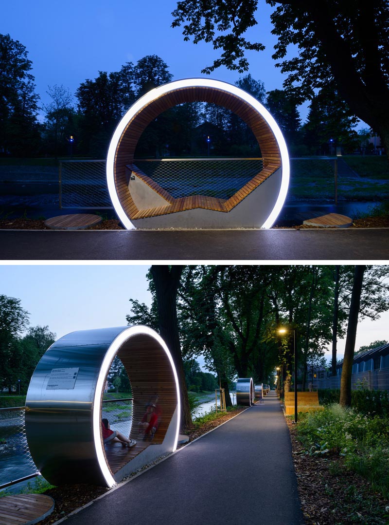 The Time Circles line the river in Cieszyn, Poland, and provide a place to relax and enjoy the view. They also act as an outdoor museum, with attached plaques allowing people to learn about the history of the area. #PublicSeating #OutdoorSeating #Design #PublicFurniture