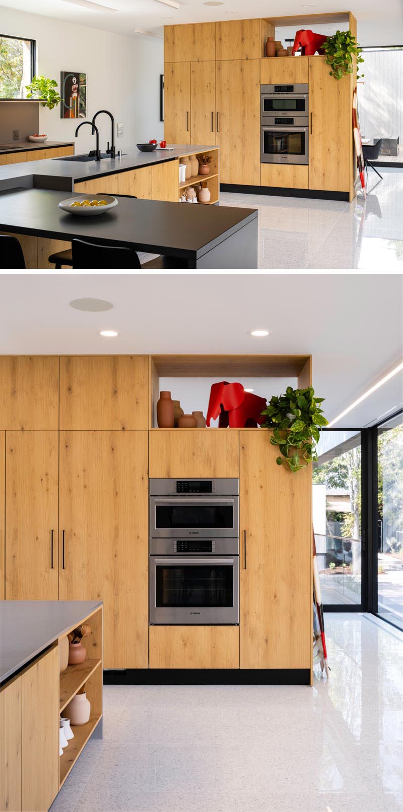 This modern wood kitchen cabinets add a sense of warmth to the home, while darker quartz countertops add a sleek touch to the space. #ModernWoodKitchen #KitchenDesign #WoodKitchen #ModernKitchen