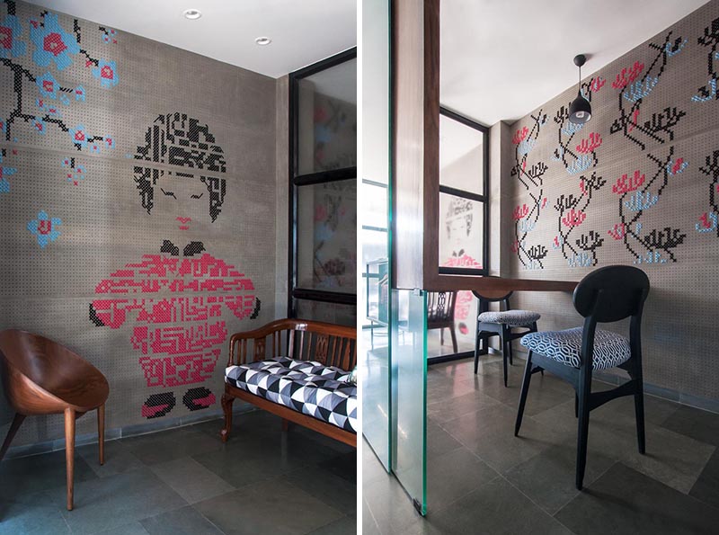 When bespoke studio MuseLAB was tasked with designing an interior for a boutique in busy Bhendi Bazaar, they decided to add colorful embroidered walls. #CrossStich #WallArt #EmbroideredArt #EmbroideredWall #CrossStitchWall