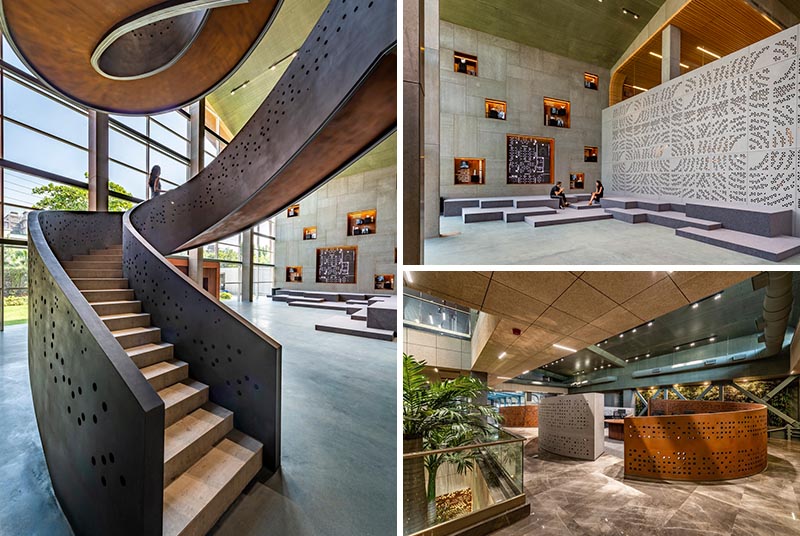 Sanjay Puri Architects were tasked with designing a large workplace in Mumbai, India, and as a way to add interest to the interior, they included perforated accents in three different areas. #Art #WorkplaceDesign #OfficeDesign
