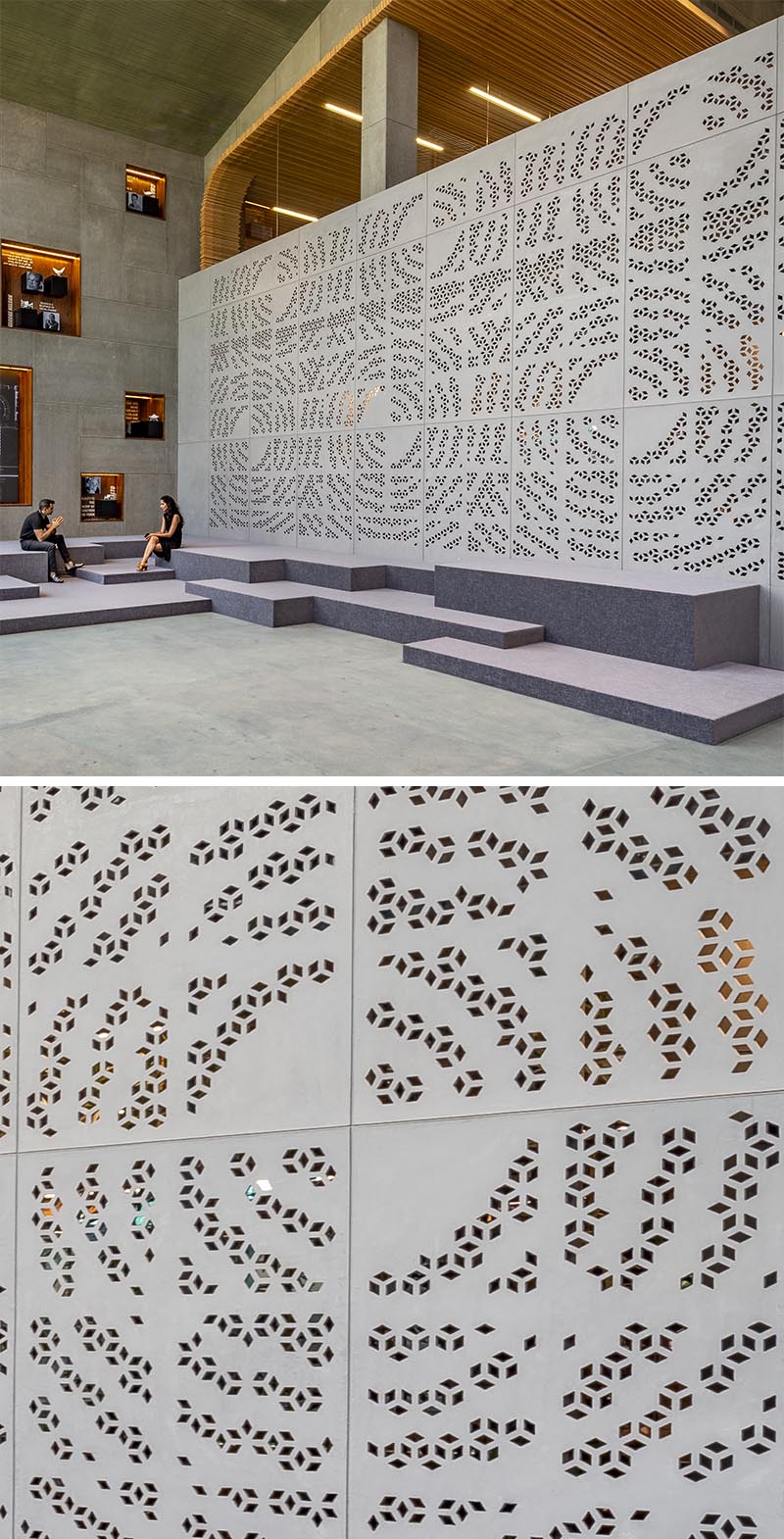 The large wall, located in an expansive reception space, has been adorned with geometric perforations creating an overall circular pattern. #OfficeDesign #WorkplaceDesign #ArtisticWall #Perforated Wall