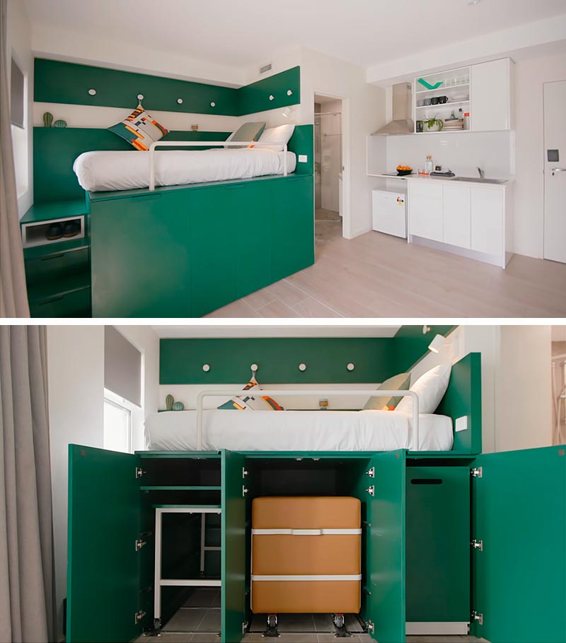 Designed for Sydney co-living space UKO, the small 204 square foot (18sqm) apartment has been designed in a way that lets the occupants customize their space when needed, and a big part of that, is the platform bed that hides a wardrobe, a dining table, and a couch. #PlatformBed #HiddenStorage #SmallLiving #SmallApartment #UnderBedStorage