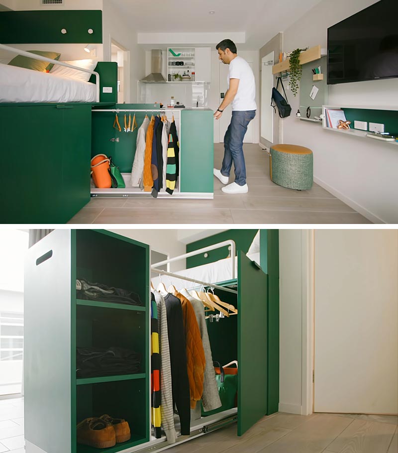 This modern platform bed has a pull-out wardrobe with open shelving, a rod for hanging clothes, and a base platform for storing items like shoes and bags. #PullOutWardrobe #PullOutCloset #UnderBedStorage #PlatformBed #SmallApartment