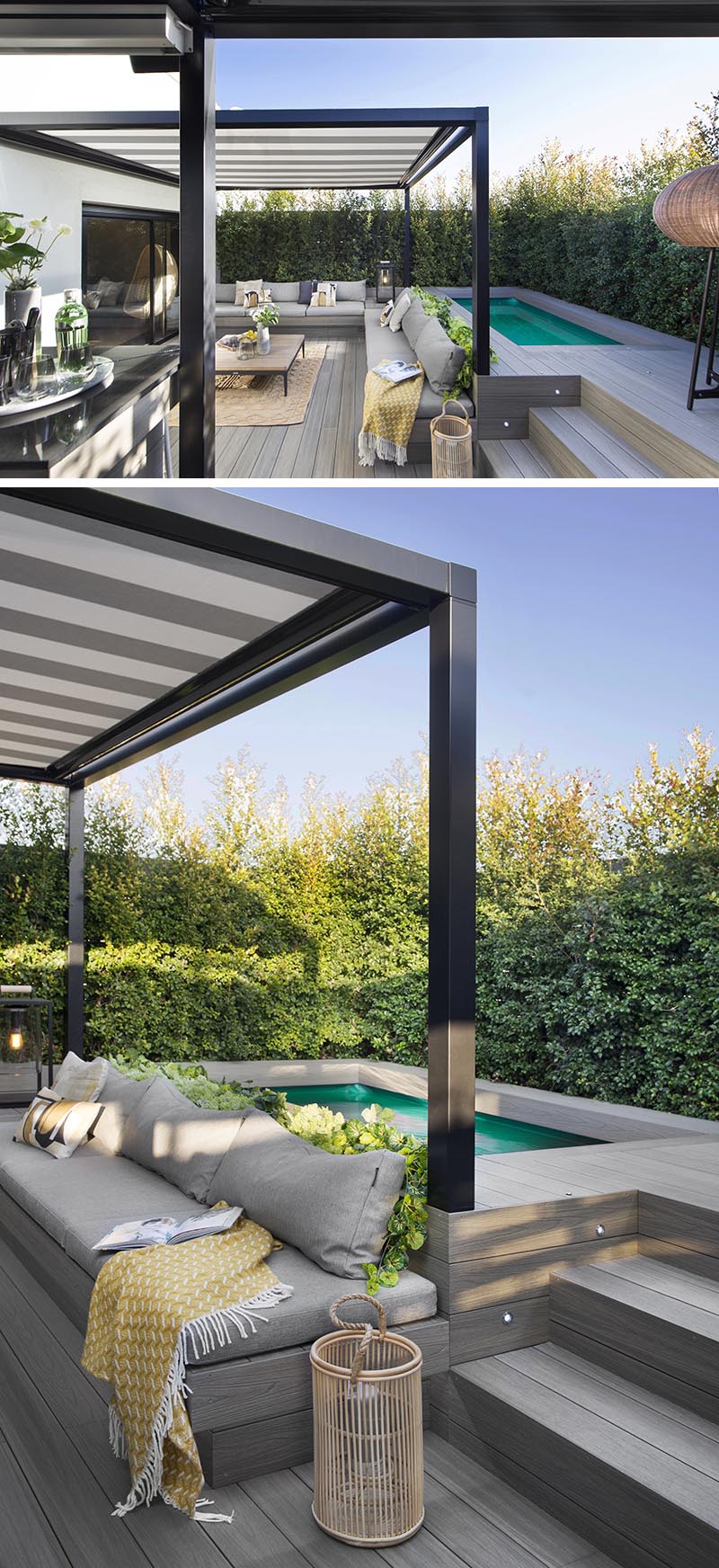 Almost hidden from view on this terrace is the small swimming pool, that's located behind the lounge. It's raised up so that when someone is in the pool, they are at the same height as the people sitting on the lounge. #Terrace #SwimmingPool #OutdoorLounge