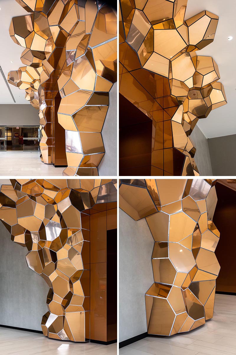 The form of 'Grotta Aeris' was inspired by the crystalline growth of natural elements, and to achieve that look, SOFTlab created the structure in copper-finished composite panels. #Sculpture #Art #Design