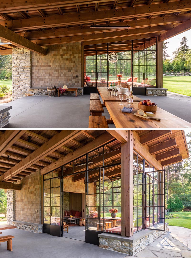 This large garden pavilion features a single-plane shed roof, and has an covered outdoor patio that's flanked by two, offset and enclosed spaces.