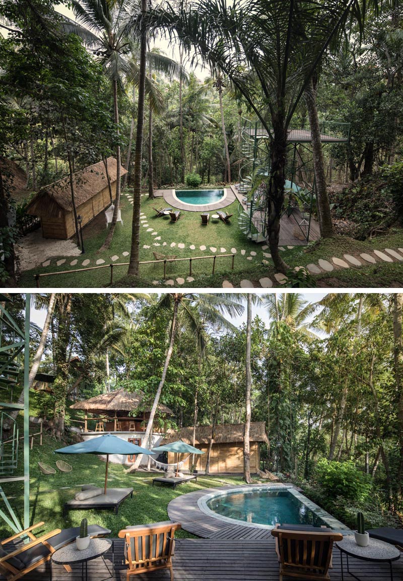 This Indonesian hotel is surrounded by a tropical park-like setting, has facilities like a sauna, a little pool, a bar, seating areas, and other small recreational areas. #TropicalHotel #TreetopHotel #BoutiqueHotel