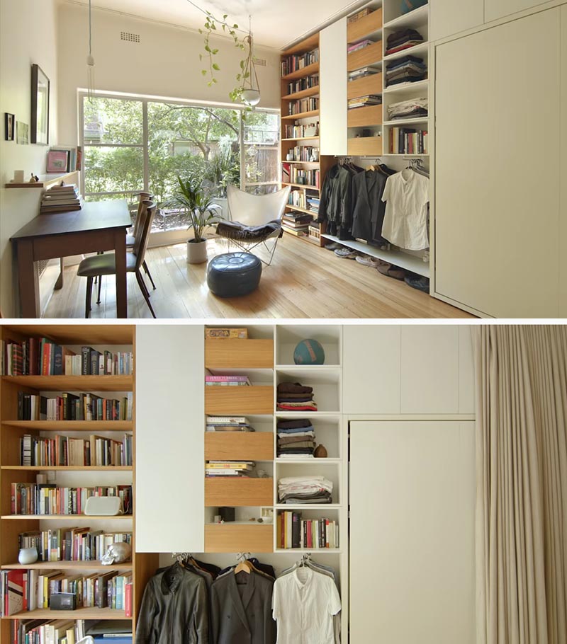 This micro apartment has a wall of storage with a bookshelf, multiple drawers, a cabinet, a dedicated place to hang clothes, and a fold-down bed. #MicroApartment #SmallLiving #TinyLiving #Storage