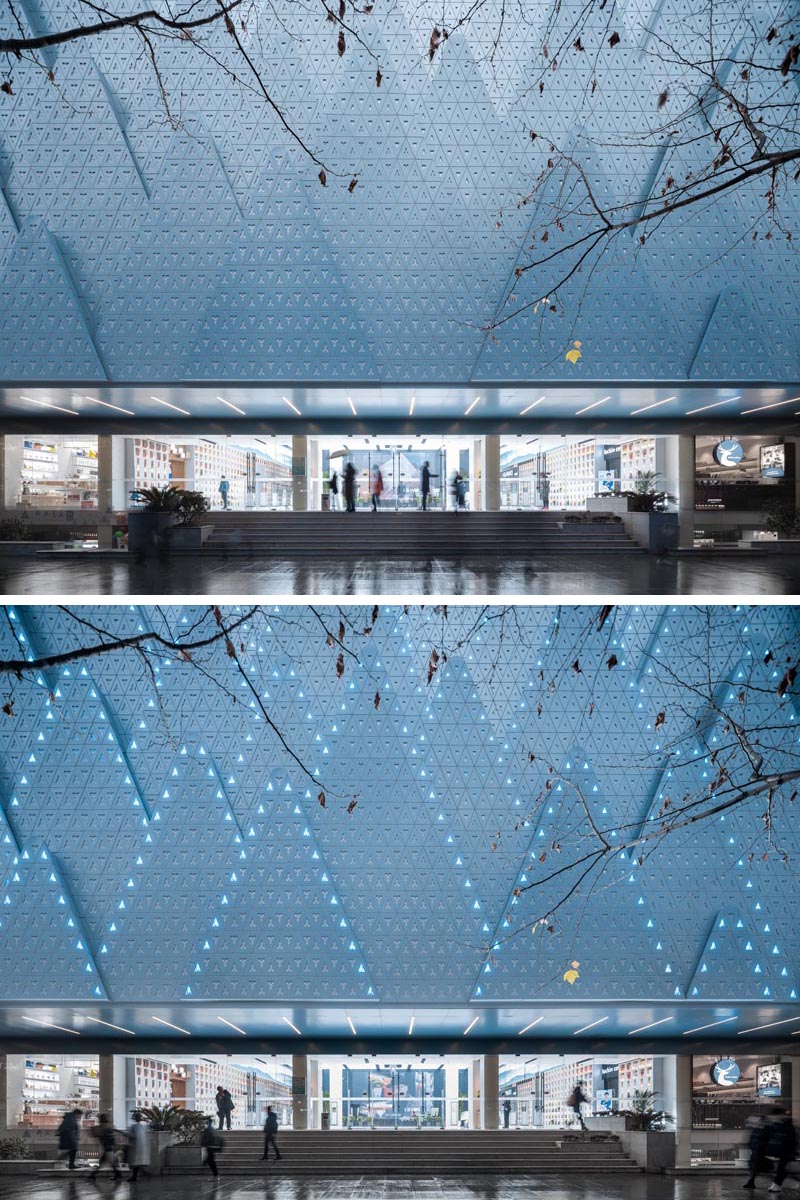 Layers of perforated aluminum plates in the shape of mountains were designed to create a background for the street trees and symbolize the new life of the Hubei Foreign Language Bookstore. #Architecture #FacadeDesign #BuildingDesign