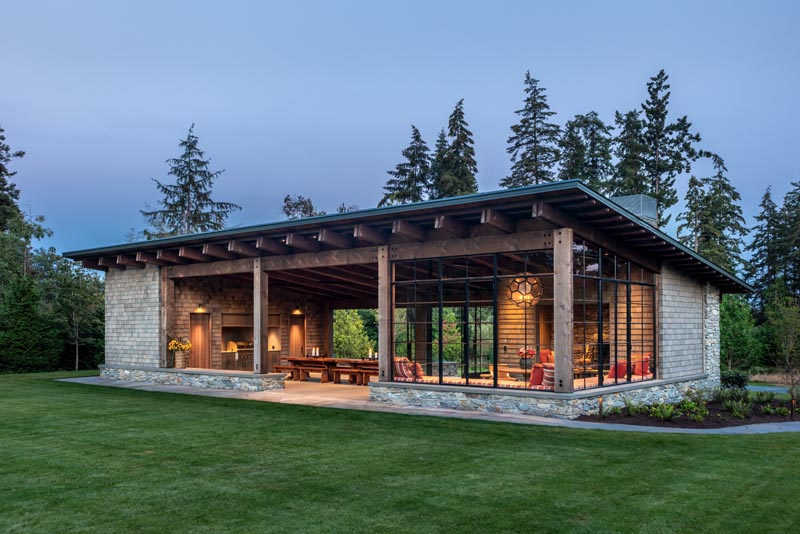 This modern Pacific Northwest inspired garden pavilion features local materials.