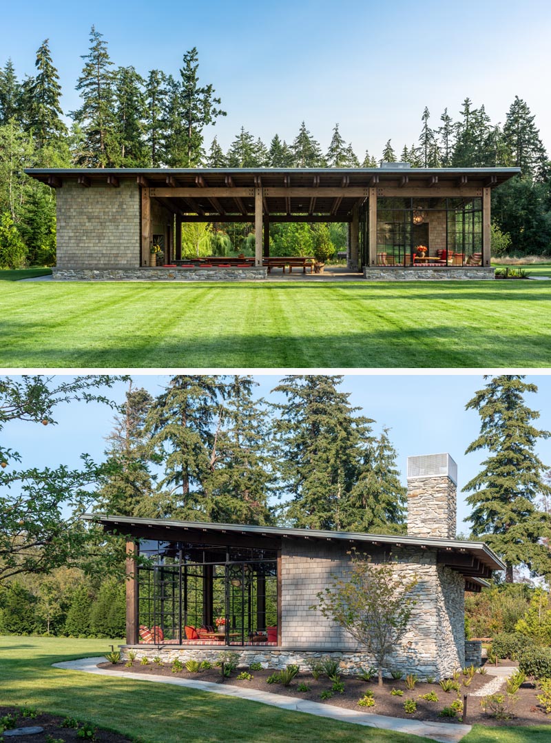 A modern garden pavilion made from stone, wood, and glass.