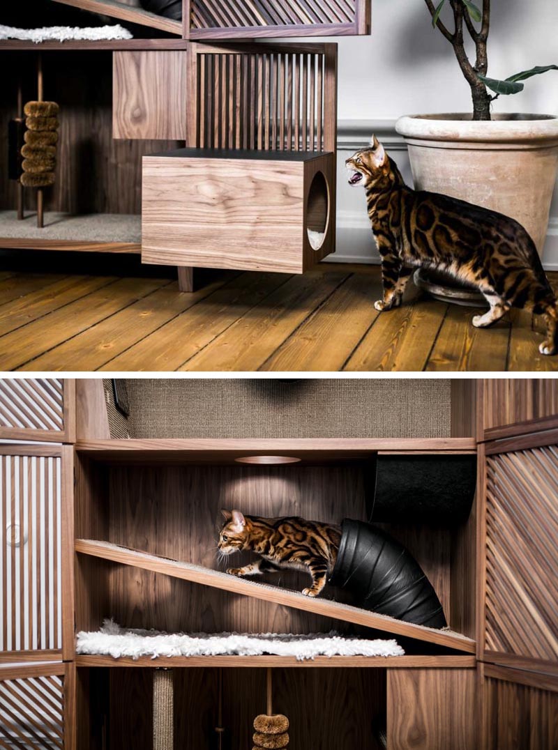 The Cat Flat is a modern three level cabinet designed for cats. It has various textures, scratching poles, brushes, openings and tunnels, as well as a hammock. #CatFurniture #CatCabinet #PetFurniture #Cats #FurnitureDesign #Design