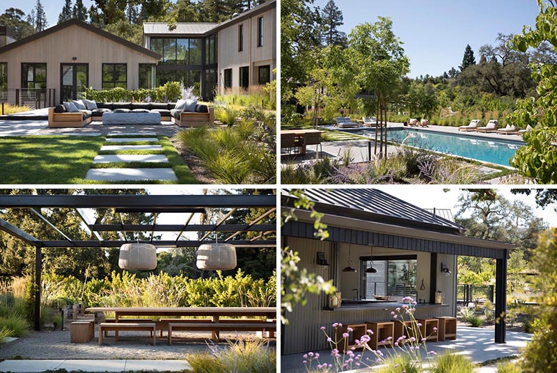 Modern farmhouse landscaping ideas that include a lounge, dining pergola, and swimming pool.