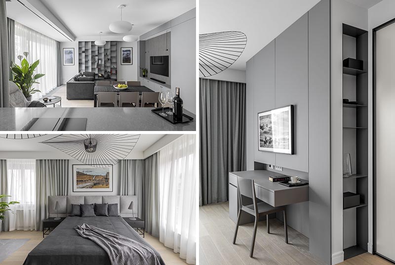 Architect Jacek Tryc has completed a modern apartment in Warsaw, Poland, that features a monochromatic color palette that was inspired by summer trips to the Arctic Circle. #ModernApartment #Monochromatic #InteriorDesign #MonochromeColorPalette