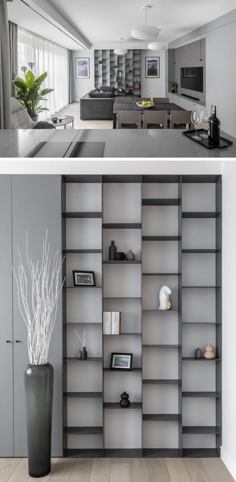 The cool colors of the furniture, like in this modern living room, have a subdued palette of gray that breaks up the whitewashed parquet wood.