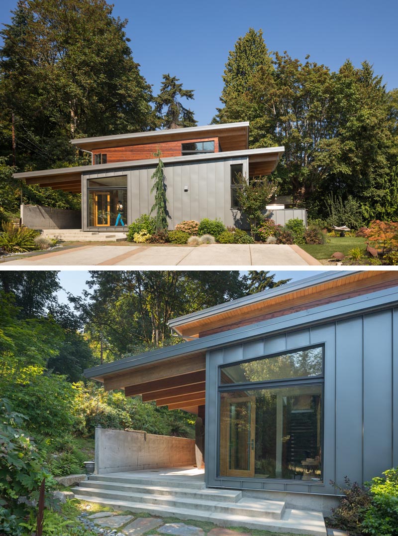 Coates Design has recently completed a Pacific Northwest-style house on Bainbridge Island, Washington, that features a palette of stone, concrete, wood, and metal. #ModernArchitecture #HouseDesign