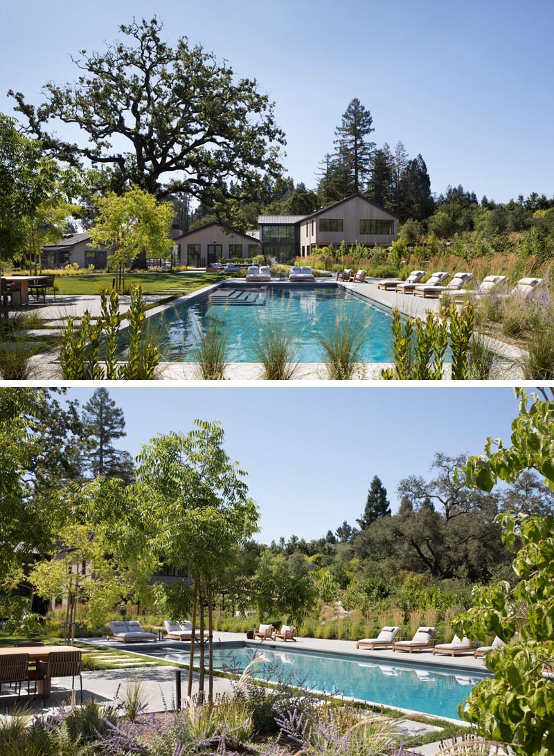 A large swimming pool surrounded by sunbeds and lush landscaping.