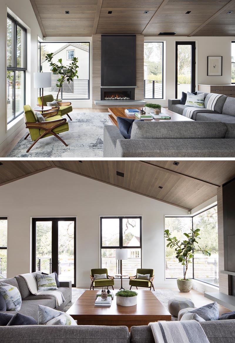 To complement the neutral color palette found throughout the interior of this modern farmhouse in California, the ceiling of the great room was lined with wood, adding warmth and a natural element. #WoodCeiling #ModernFarmhouse #GreatRoom