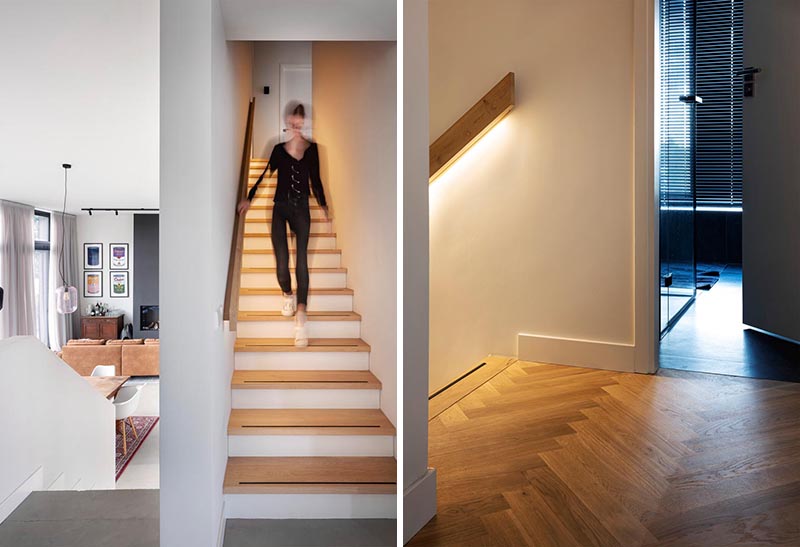 Hidden lighting in the handrail of these modern stairs makes it easy to use them at night. #Handrail #HiddenLighting #Stairs