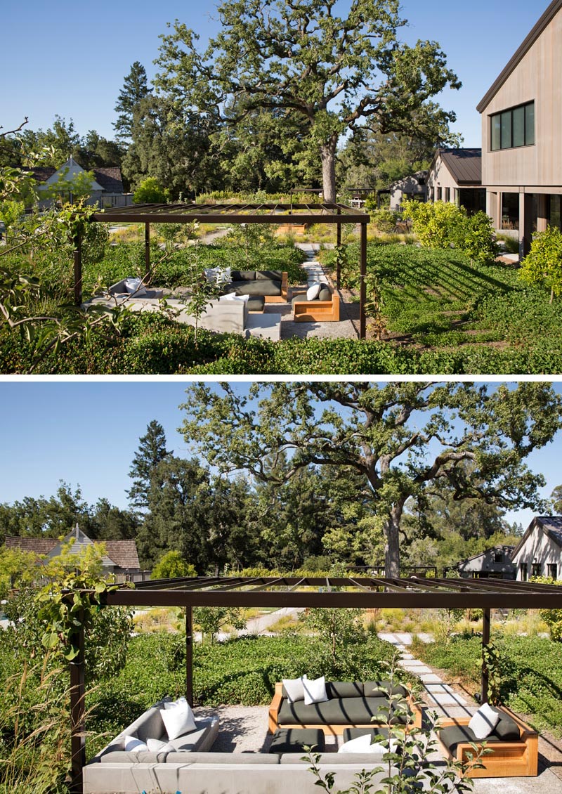 A modern lounge that has a pergola with vines growing on it.