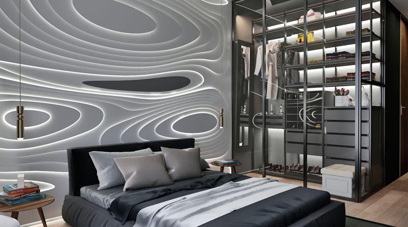 A modern bedroom with an artistic accent wall. #BedroomDesign #AccentWall