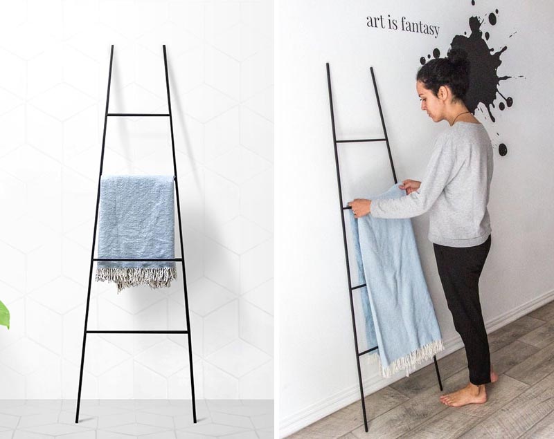A decorative ladder is a great way to store your throws and blankets, especially if you want to have them on display. The ladders can also be used to store magazines, and can be placed against any wall where you have room. #BlanketStorage #BlanketLadder #ModernDecor #HomeDecor