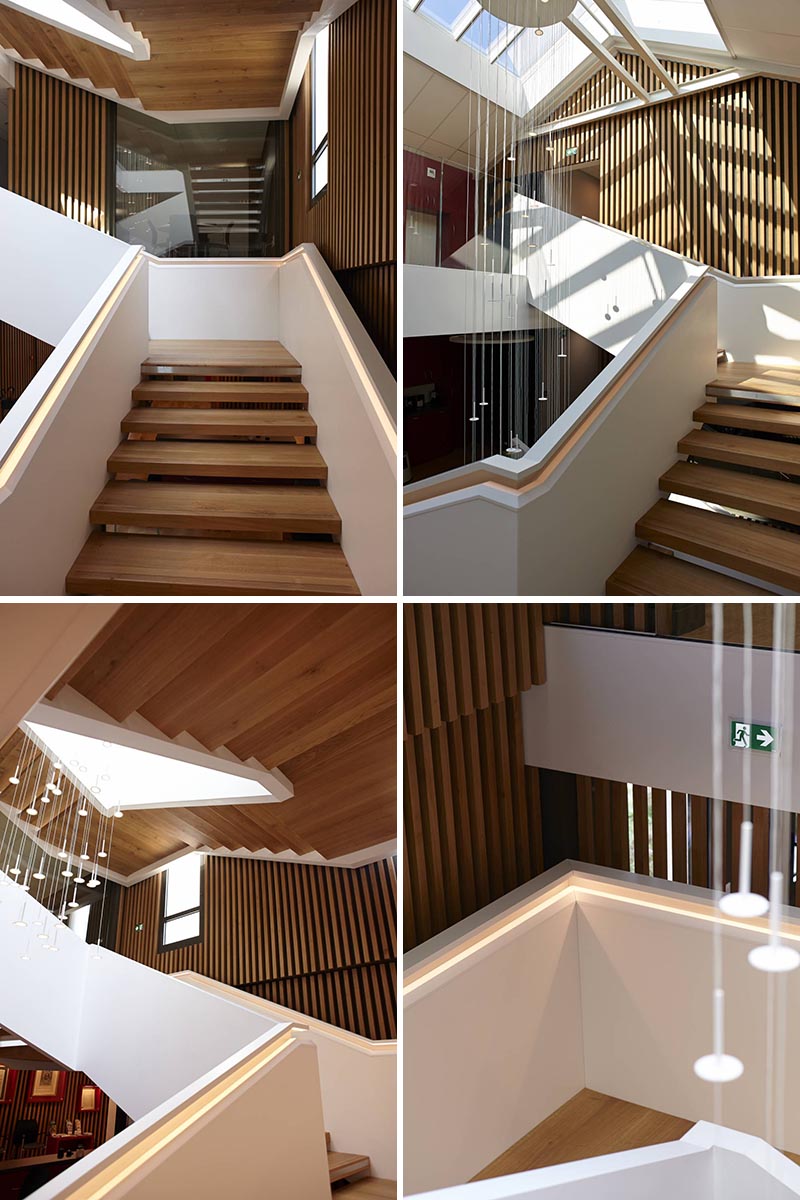 One of the unique details of the staircase design is the inclusion of a built-in handrail. The handrail is perfectly aligned with the inner side and includes recessed joints at the edge of the materials and lighting whose 60° angle illuminates the part of the handrail held by visitors. #Handrail #StairsWithLighting #StairDesign #Staircase