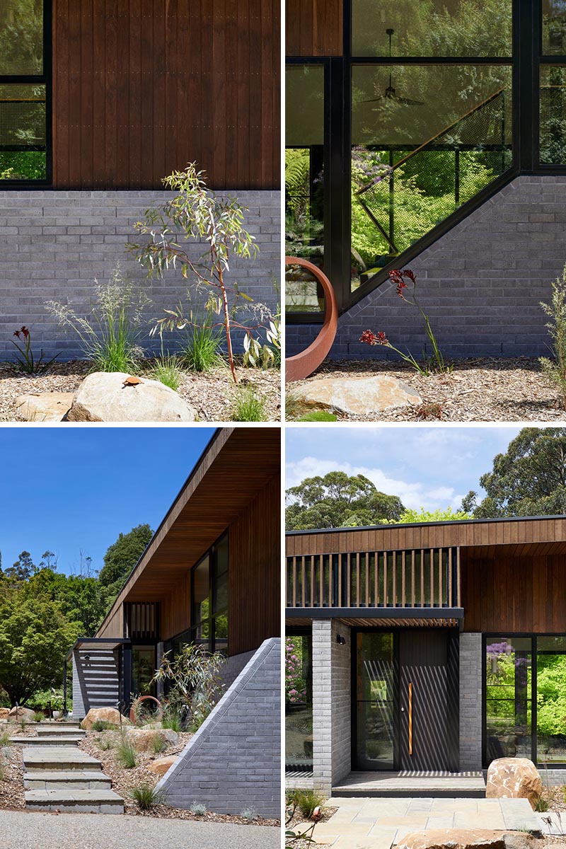BENT Architecture has designed a split-level house in Melbourne, Australia, that has an angled roof, and uses locally-sourced Ironbark and Timbercrete blockwork. #ModernHouse #ModernArchitecture #Timbercrete #AngledRoof