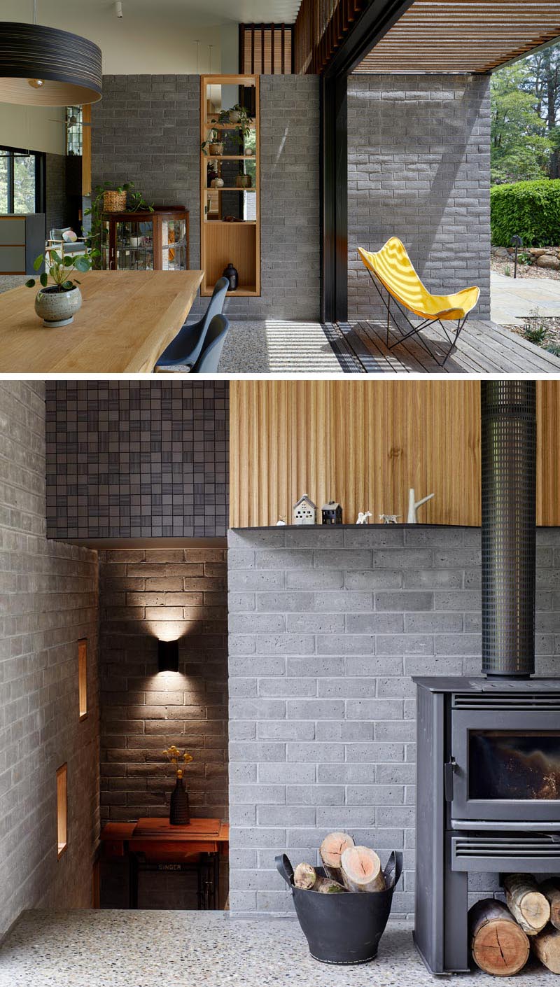 Timbercrete blockwork travels through to the interior of this modern house, and complements a palette of polished aggregate concrete floors and local hardwood to create a warm yet robust interior. #Timbercrete #InteriorDesign #ModernHouse #ModernArchitecture