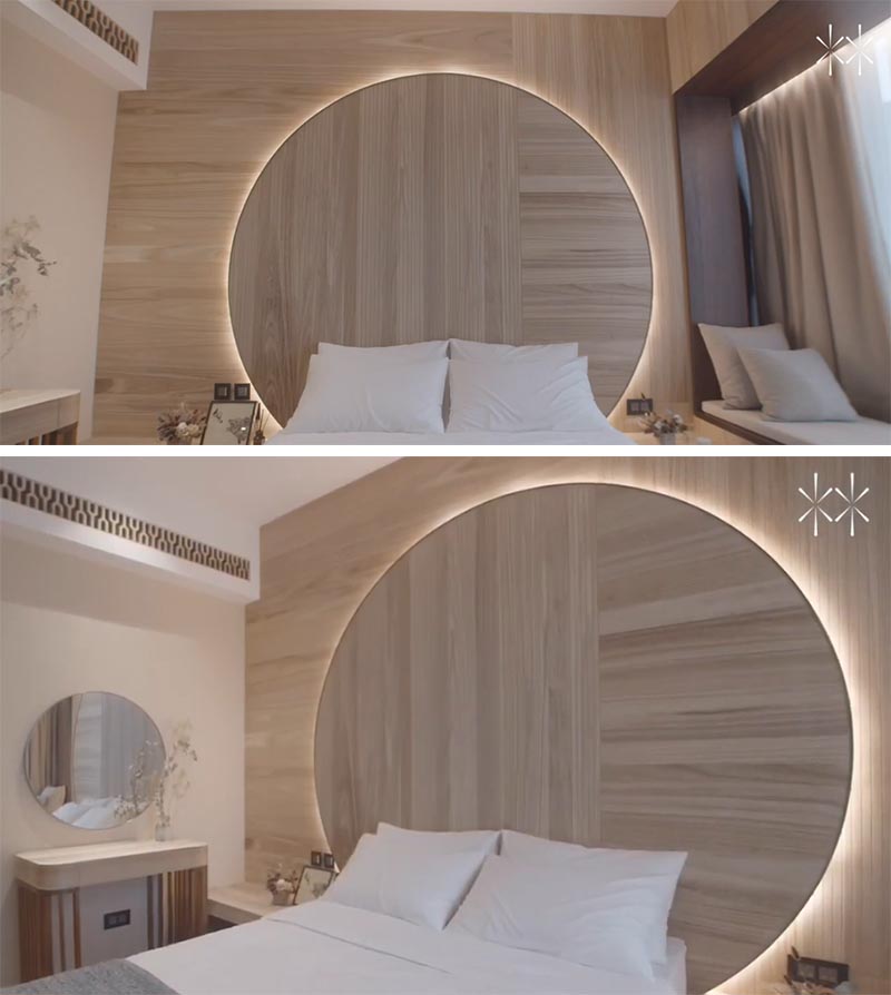 Bedroom Idea - Using natural materials to create a sense of warmth and calm, the design of this circular headboard observes the Chinese concept of “Earth’s a square; heaven a circle”. It also has hidden lighting that creates a soft glow and outlines the design element. #BedroomIdeas #HeadboardIdeas #CircleHeadboard #CircularHeadboard #Lighting