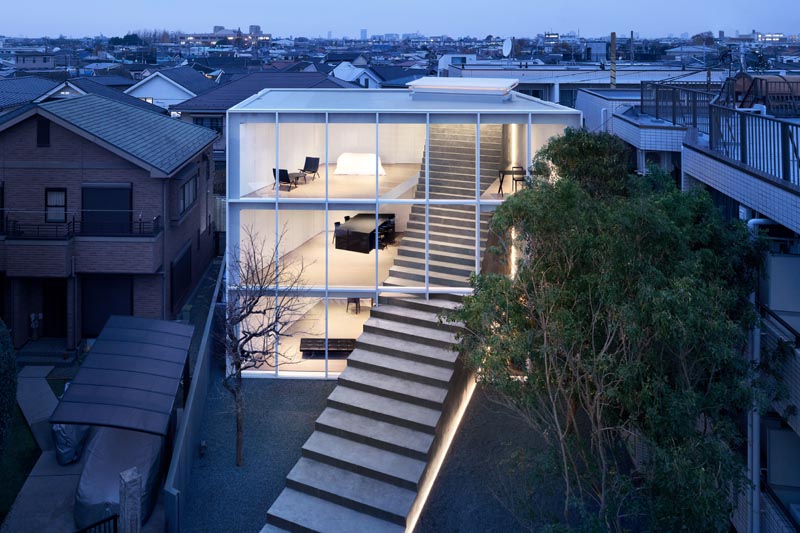 Architecture firm Nendo has designed a minimalist house in a quiet residential area of Tokyo, that has stairs traveling from the exterior to the interior. #Stairs #ModernArchitecture #JapaneseArchitecture