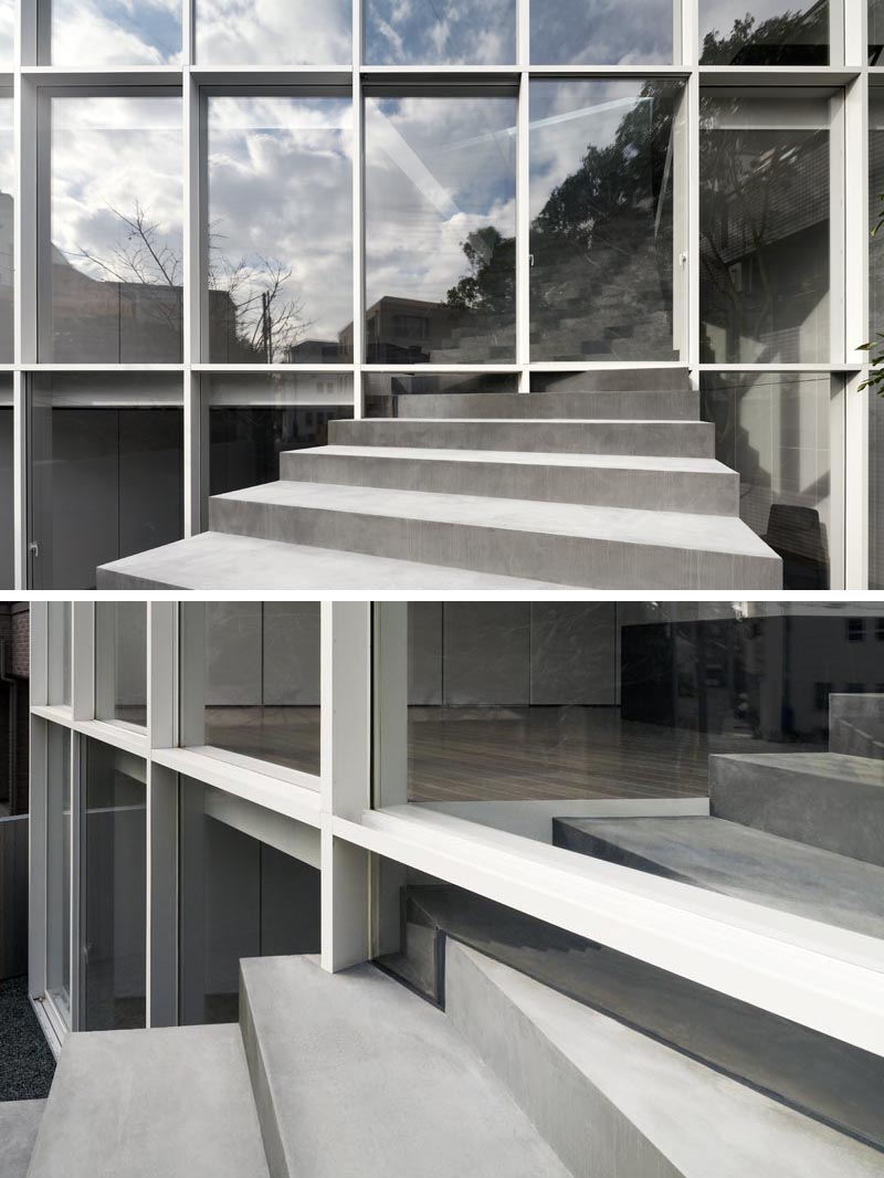 Architecture firm Nendo has designed a minimalist house in a quiet residential area of Tokyo, that has stairs traveling from the exterior to the interior. #Stairs #ModernArchitecture #JapaneseArchitecture #StairDesign