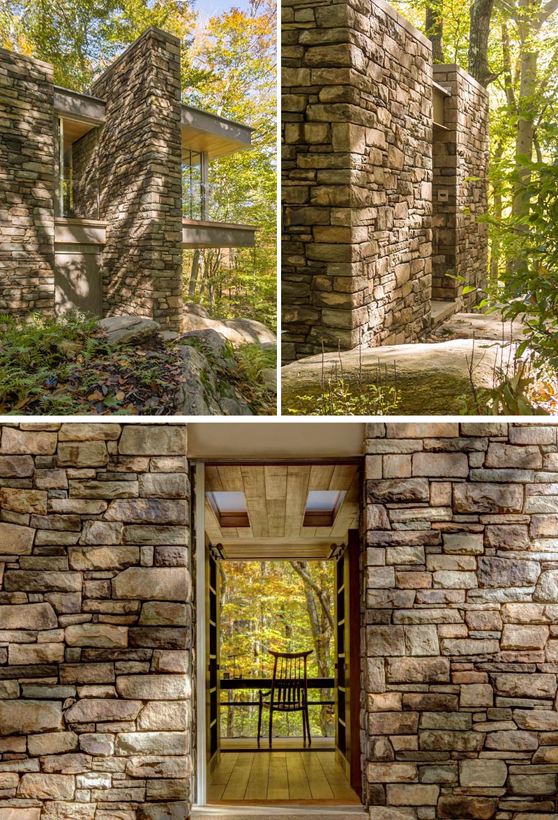 This modern cabin is clad in fieldstone and bluestone, and constructed to resemble a historic dry stacked, mass stone wall. #Cabin #Studio #Architecture #Stone