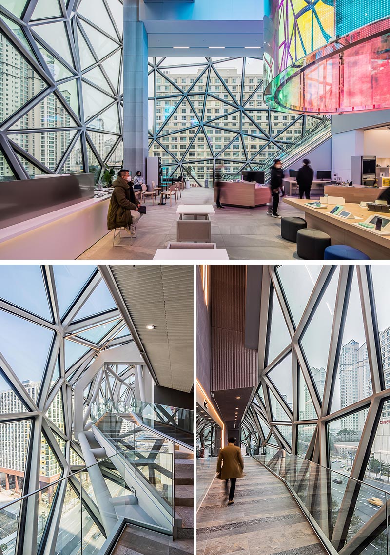 Multifaceted glass accents provide the shoppers within this department store a unique view of the city. #DepartmentStore #Architecture #Windows #Facade #BuildingFacade