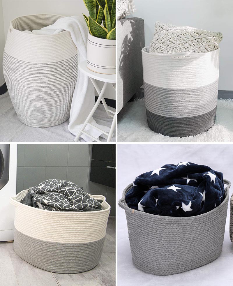 For a casual storage idea, a simple but effective solution is a basket. You can keep it in the corner of the room, and when needed, a blanket can be thrown into it, without the need of keeping it folded. #StorageBasket #HomeDecor #BlanketStorage