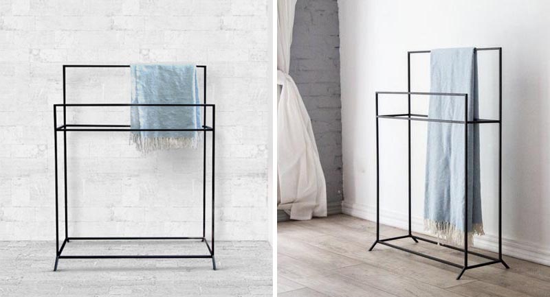 A coat rack is an unconventional way to store your blanket, however if you can find one that has long arms, you can then fold the blanket and drape it over one of the arms, or loop it through a coat hanger, which can then be hung on the rack. #CoatRack #BlanketStorage #ModernDecor