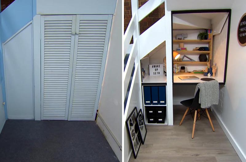 Before + After - An unused space beneath the stairs was transformed into a modern homework station for a child. #HomeworkStation #Desk #HomeOffice #UnderstairStorage