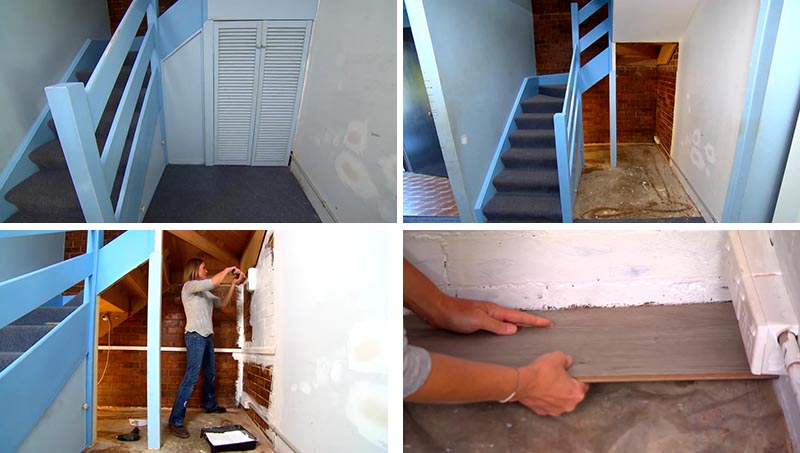 Before + After - An unused space beneath the stairs was transformed into a modern homework station for a child. #HomeworkStation #Desk #HomeOffice #UnderstairStorage