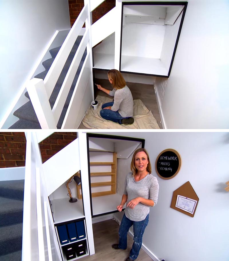 Before + After - An unused space beneath the stairs was transformed into a modern homework station for a child. #HomeworkStation #Desk #HomeOffice #UnderstairStorage