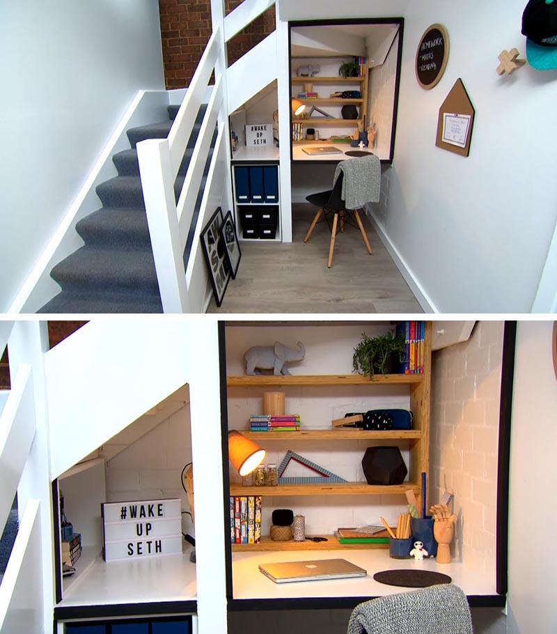 Before + After - An unused space beneath the stairs was transformed into a modern homework station for a child. #HomeworkStation #Desk #HomeOffice #UnderstairStorage